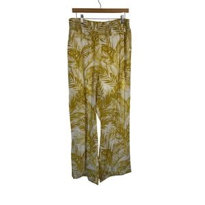 Boho Nanette Lepore Womens Large Wide Leg Pants Yellow Tropical Palm Smocked